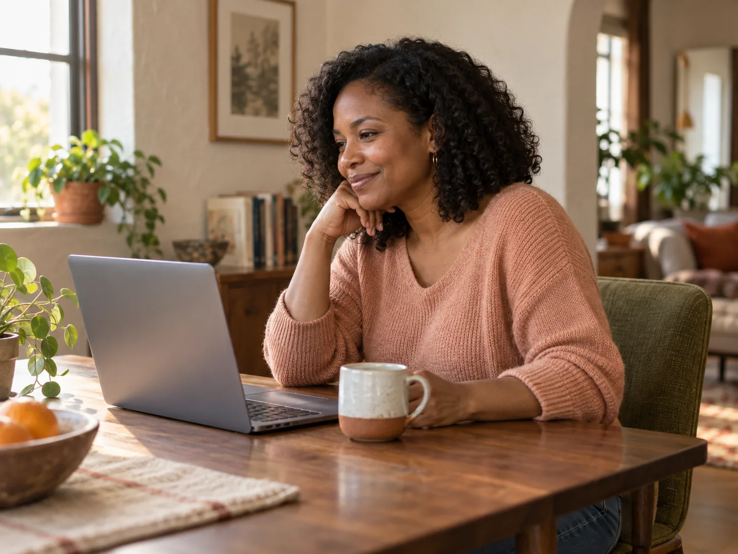 A woman listening attentively at her laptop over a cup of tea at home