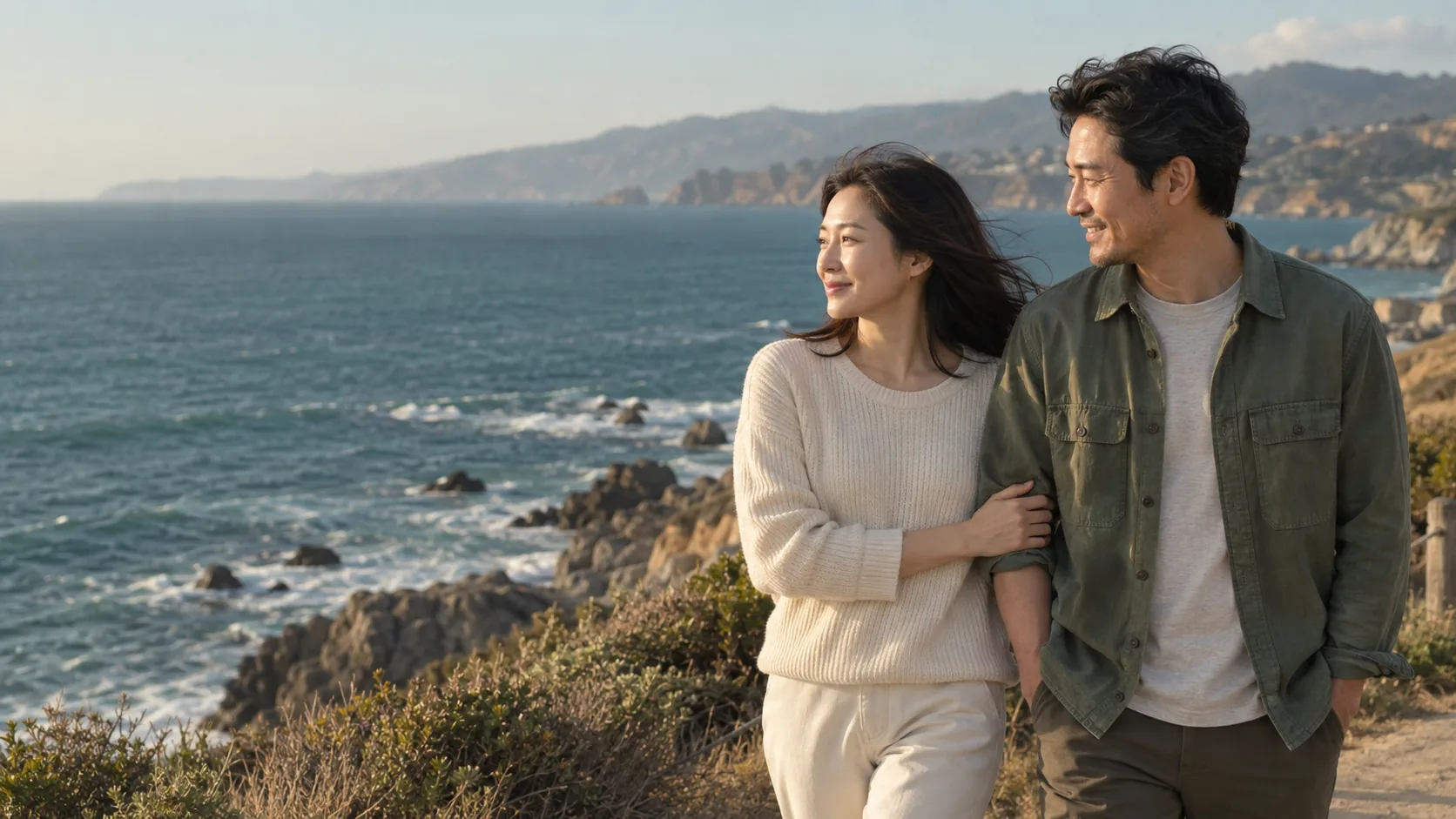 A couple sharing a quiet moment together on a coastal trail