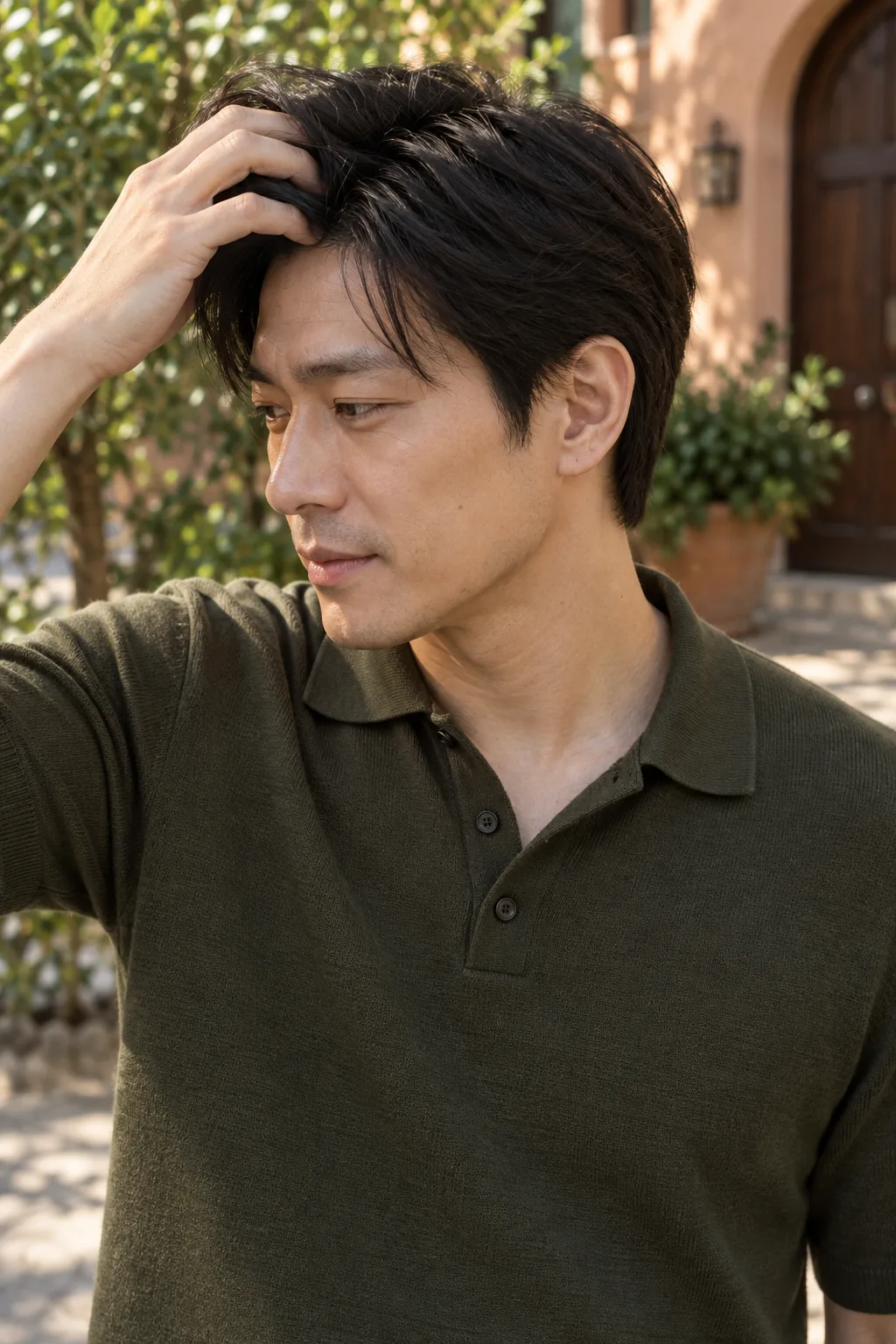 A man looking left while running his hand through his hair