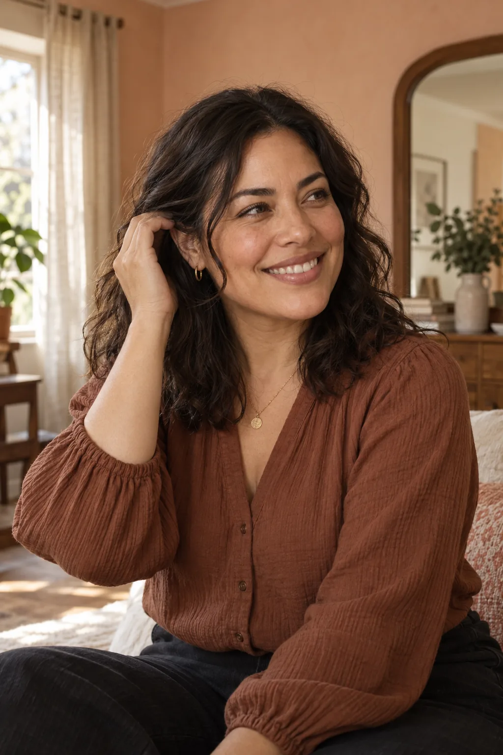 A woman with dark wavy hair tucking a strand behind her ear