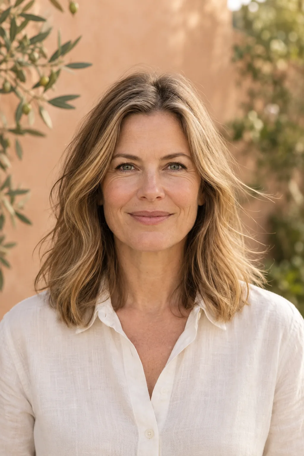 A woman with shoulder-length blonde hair looking directly at the camera