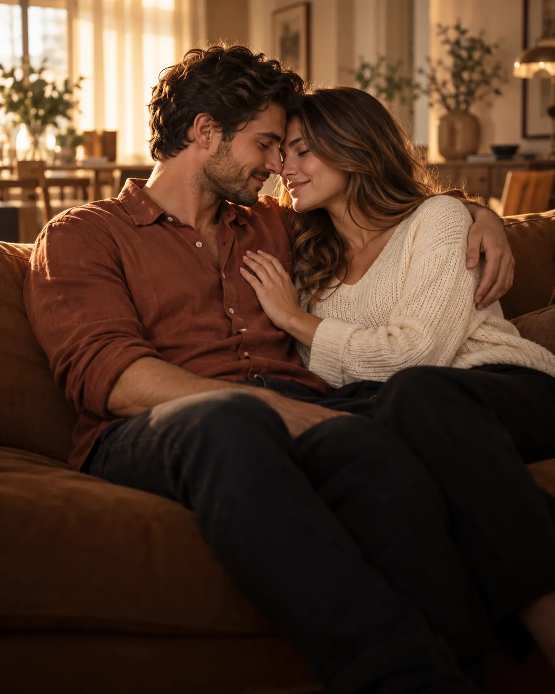 A young adult couple resting their foreheads together on a sofa