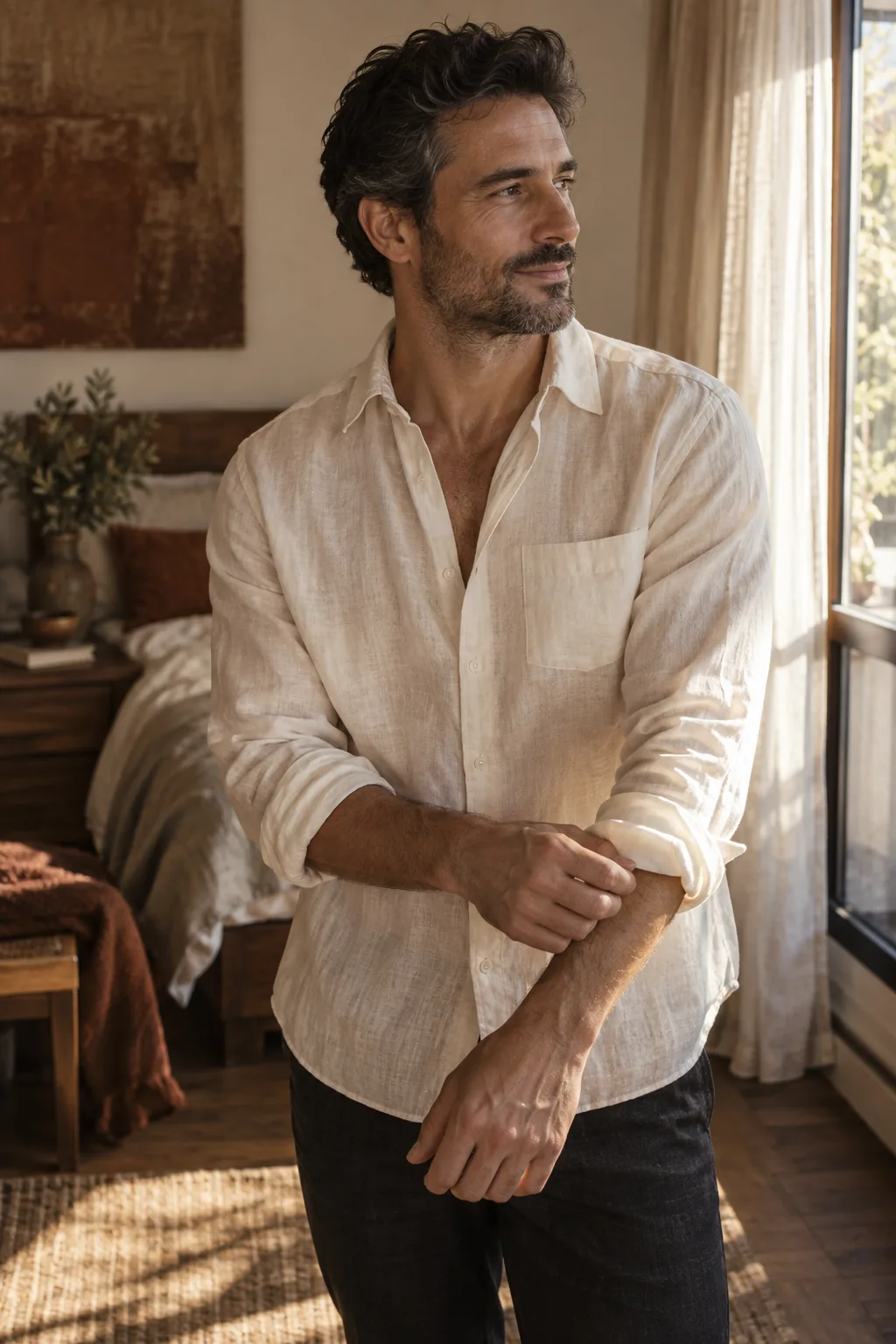 A man in his forties getting ready beside a sunlit window