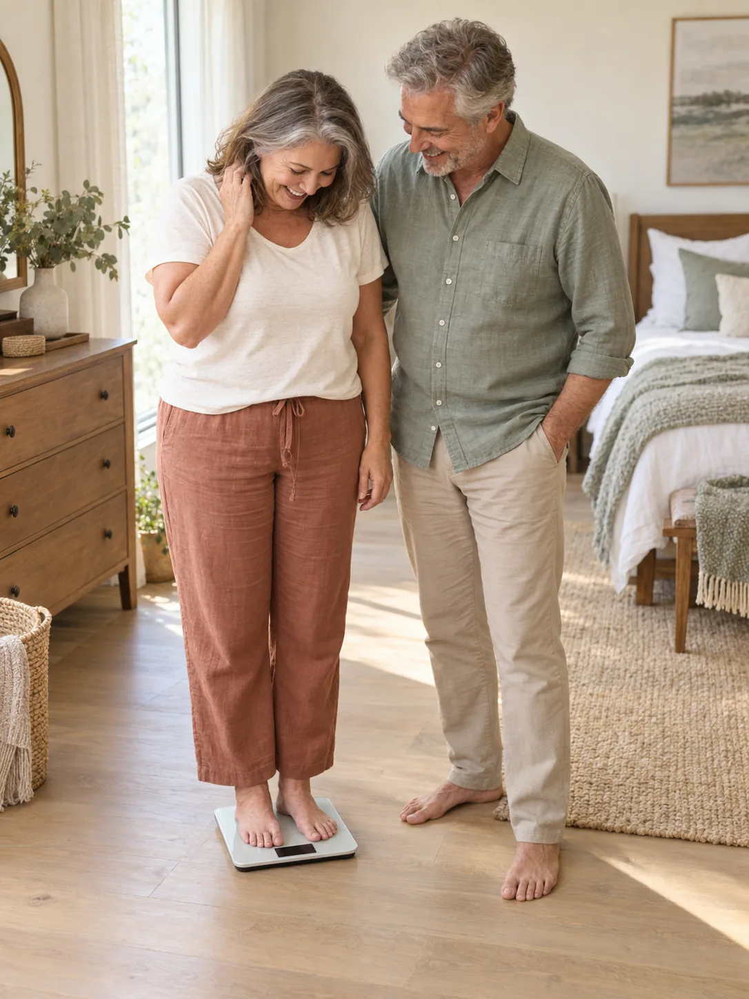 A mature couple laughing together as the woman stands on a digital scale