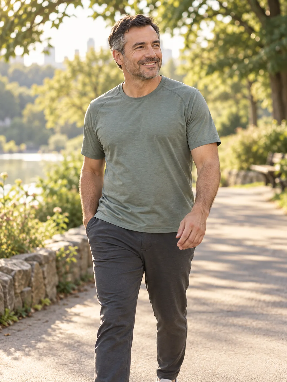 A man in his forties enjoying a morning walk